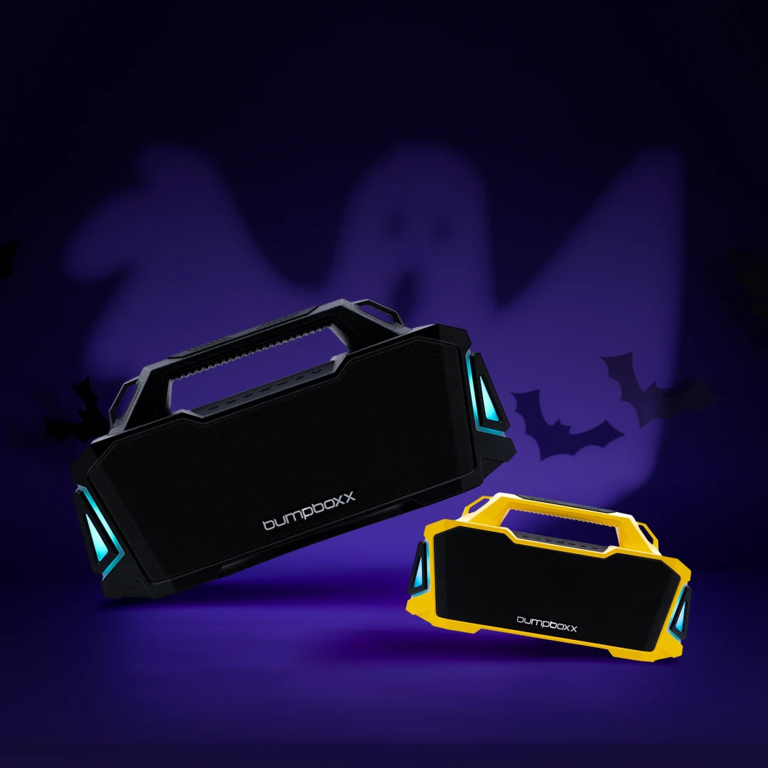 Black and yellow Thump with ghosts and bats behind them